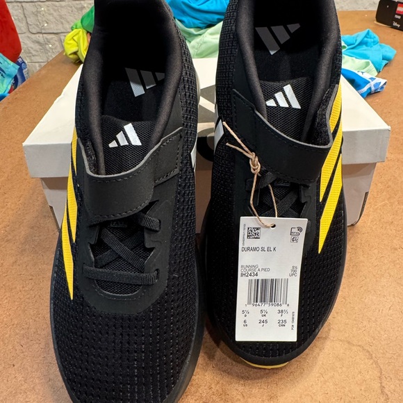 Adidas Duramo SL Elastic Lace Black and Yellow Running Shoes Size 6 - Picture 2 of 5